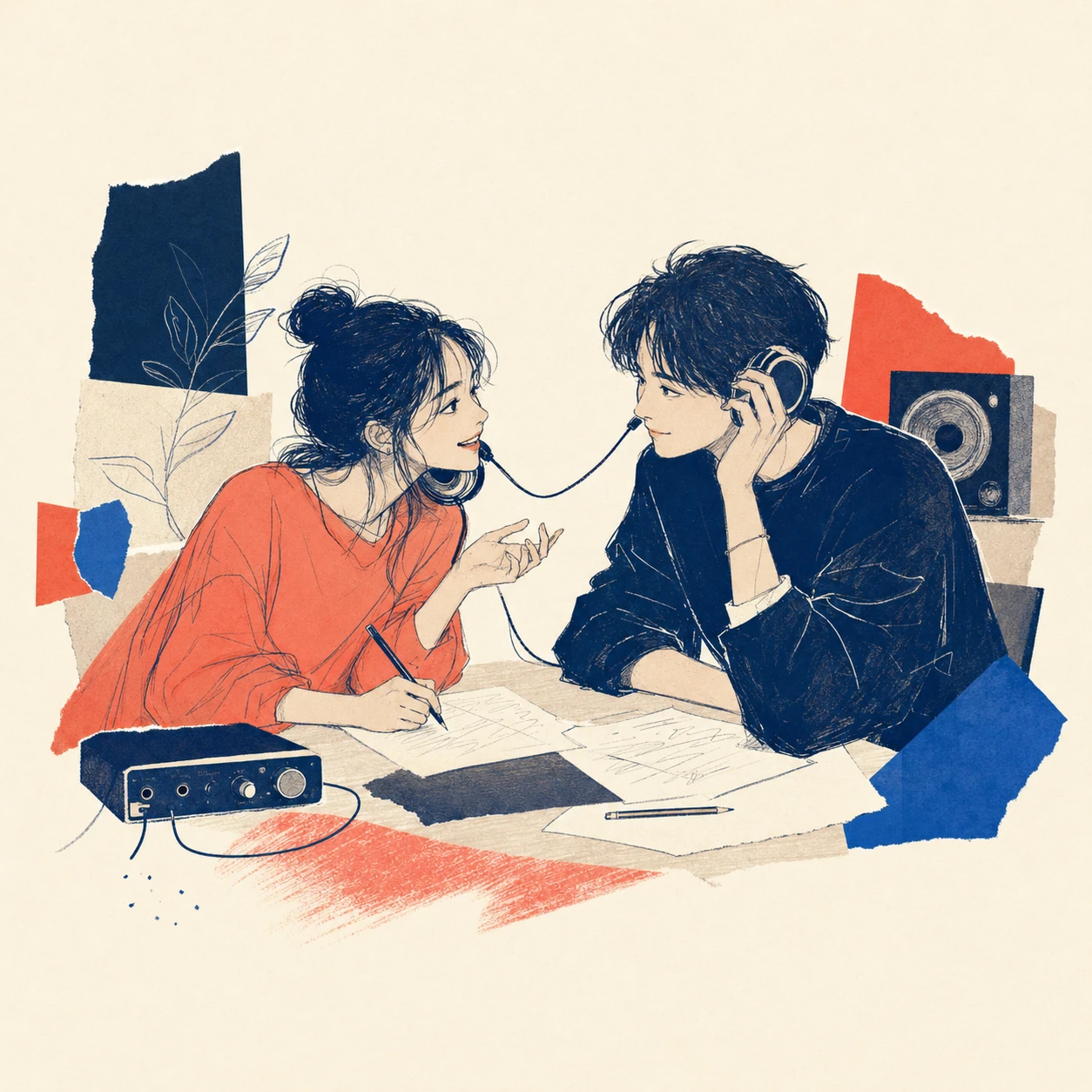 活動者と担当プロデューサーが音楽の方向性を話し合うイラスト