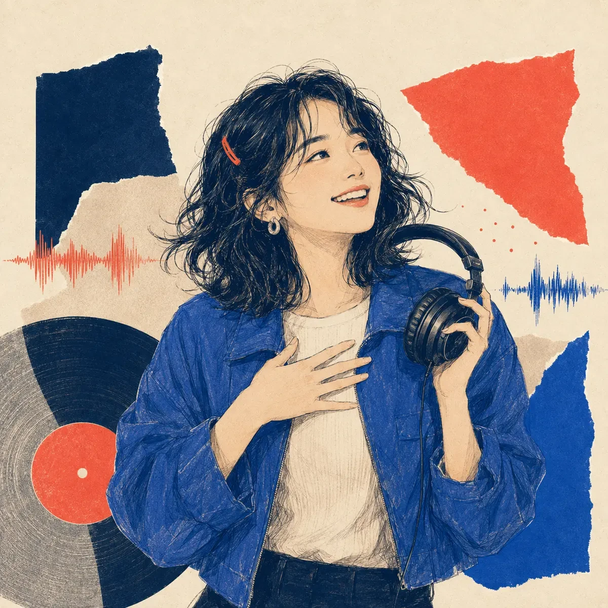 完成した初めてのオリジナル曲を喜ぶ20代女性のイメージイラスト